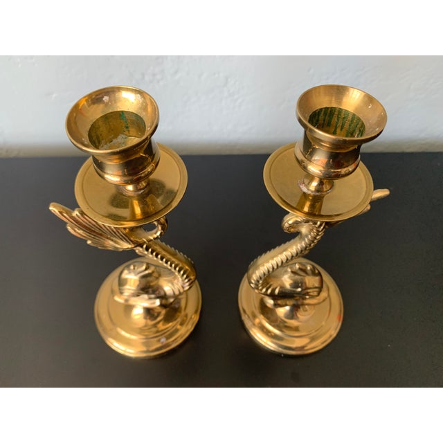 Mid 20th Century Mid 20th Century Asian Brass Finish Metal Koi Taper Candle Holders, A Pair For Sale - Image 5 of 8