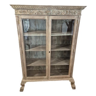19th-Century European Whitewashed Oak Display Cabinet For Sale