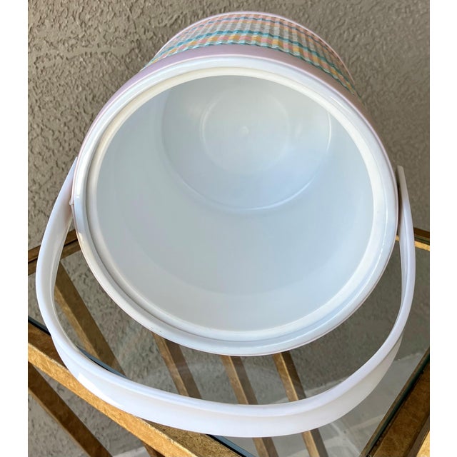 Circa 1970 Whimsical Woven Ice Bucket in Pastels With Lucite Lid & Swivel Handle For Sale - Image 10 of 12