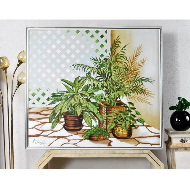Vintage 1970s Large Green and White House Plant Painting by DeLongprie For Sale - Image 9 of 11