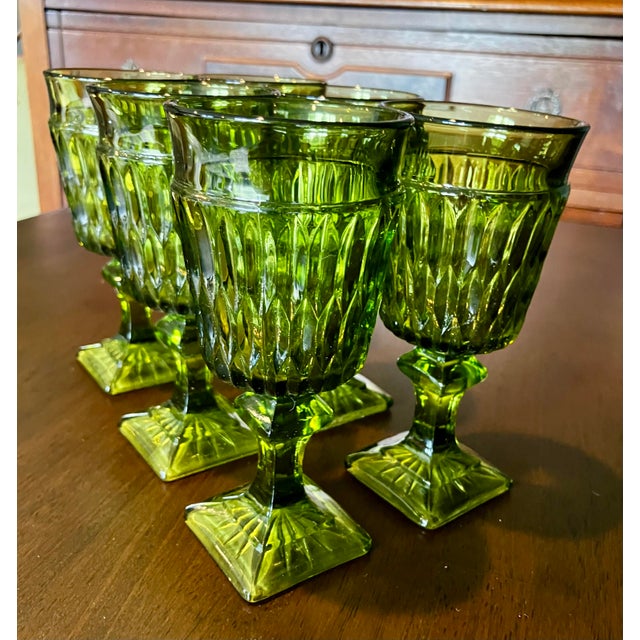 1960s Mid-Century Modern Avocado Green Diamond Point Goblets – Elegant Set of 6 For Sale - Image 11 of 14
