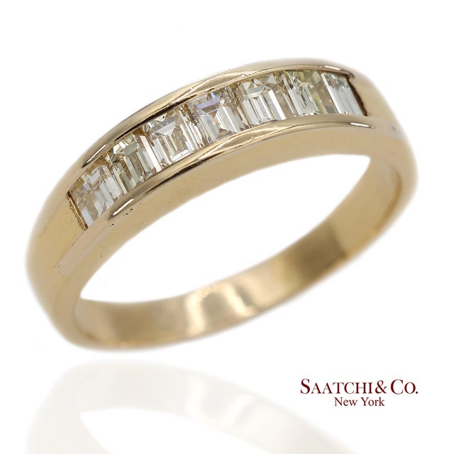 Metal 14k(585) Vintage Solid Yellow Gold Natural Baguette Diamond Band Ring, Size 9 For Sale - Image 7 of 12