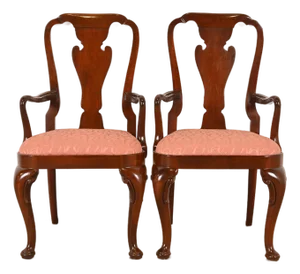 Baker Furniture Queen Anne Carved Mahogany Armchairs or Dining Captain Chairs, Pair