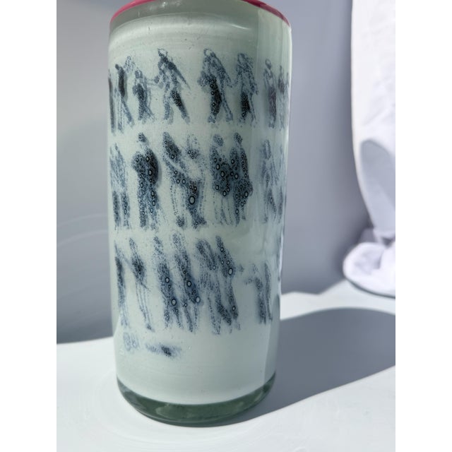 Unique Art Glass Vase With Graal Technique Drawings and Pink Rim For Sale In Portland, OR - Image 6 of 14
