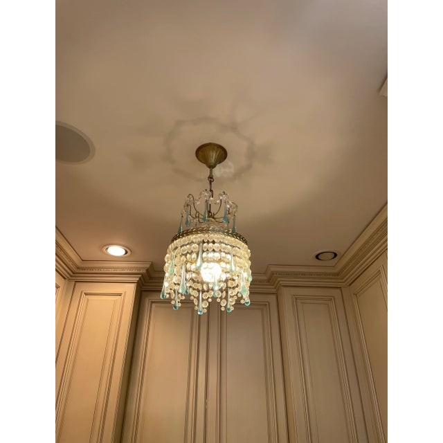 Sky Blue 1920s French Gold Pendant Chandelier With Blue Raindrop and Crystals For Sale - Image 8 of 9