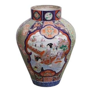Late 19th Century Oversized Oriental Imari Vase With Landscape Panels For Sale