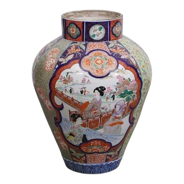 Late 19th Century Oversized Oriental Imari Vase With Landscape Panels For Sale