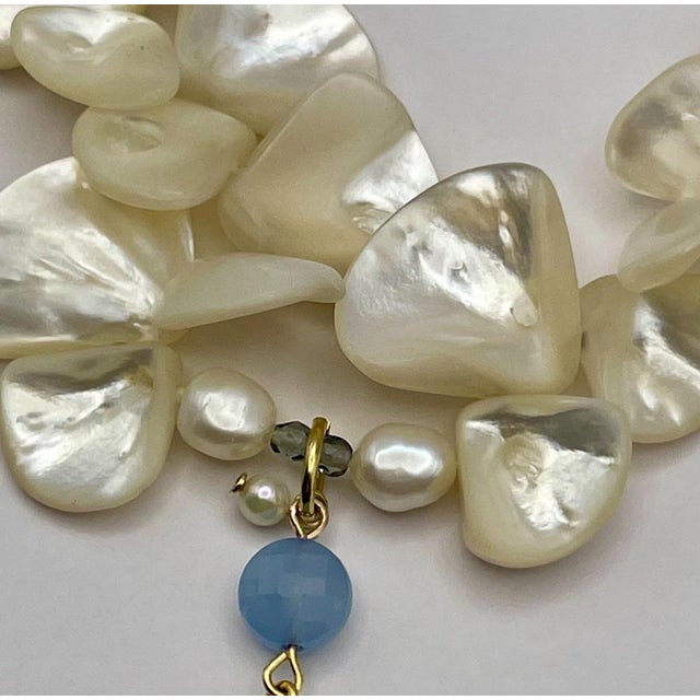 Natural Shell Genuine Pearl Aquamarine Mother of Pearl Necklace Gold Accents For Sale - Image 9 of 10