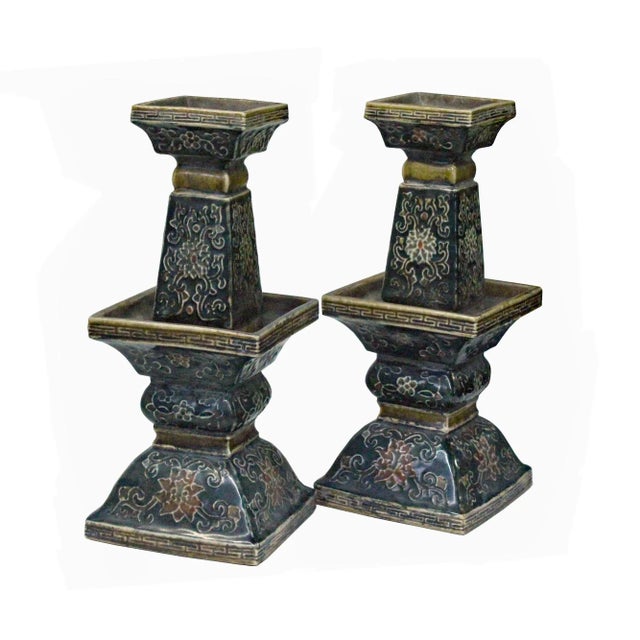 Chinese Handmade Ceramic Square Motif Candle Holders Display - a Pair For Sale - Image 4 of 7