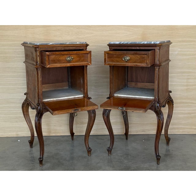 Antique French Mahogany Night Stands or bedside tables with marble top , 1900, A Pair For Sale - Image 12 of 18