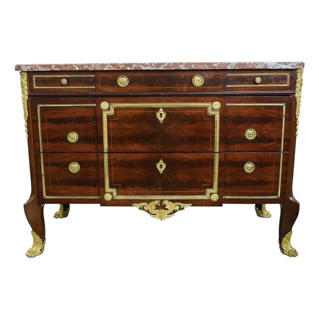 Louis XVI Style Commode Ormolu Bronze, Wood and Marble Top For Sale