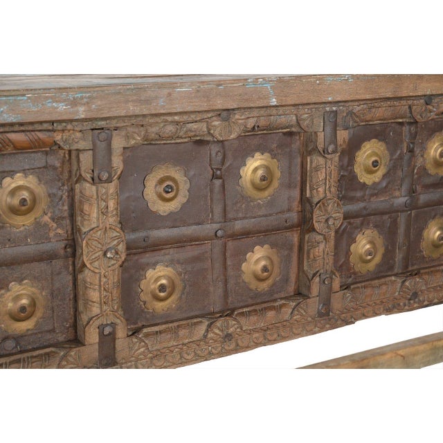 Console Table constructed from Antique Indian Carved Elements and Reclaimed Wood, the front facade made from an antique...