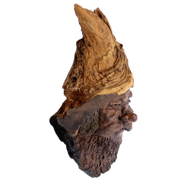 Burgundy Late 20th Century Very Fine Detailed Burl Wood Carving of an Elf or Gnome Face Wall Sculpture MINT For Sale - Image 8 of 10