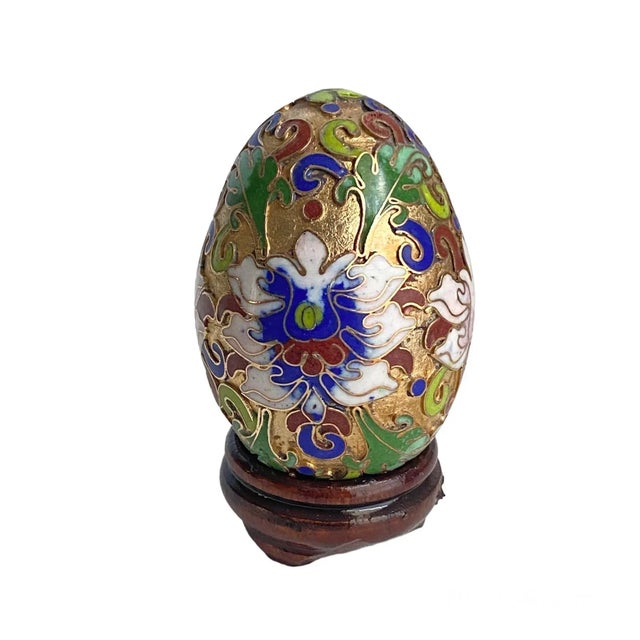 Vintage Petite Cloisonné Egg With Stand Floral Gold Enamel Chinoiserie For Sale - Image 9 of 9
