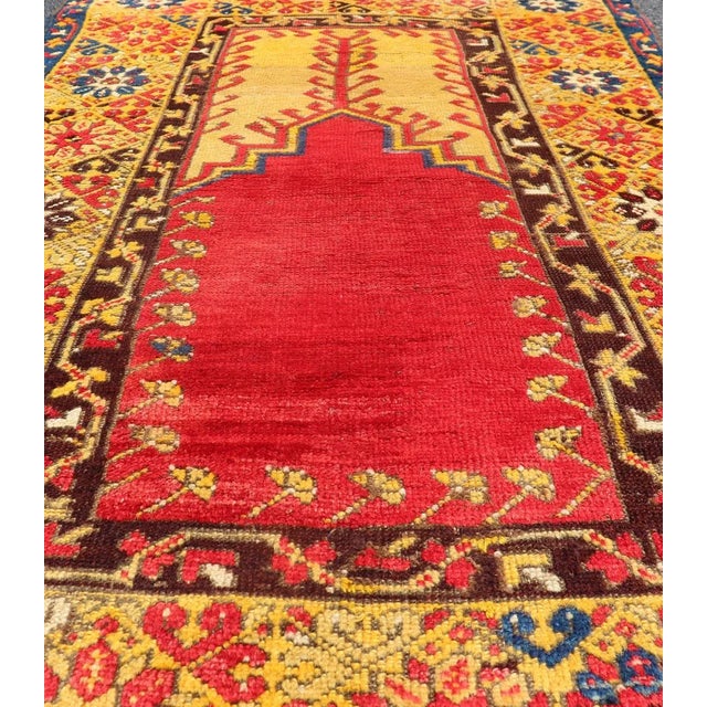 Traditional Early 20th Century Antique Turkish Prayer Rug in Vibrant Saffron Yellow Red and Blue For Sale - Image 3 of 11