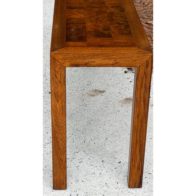 Long Parsons Style Walnut Sofa Table With Burl Walnut Top For Sale - Image 10 of 11