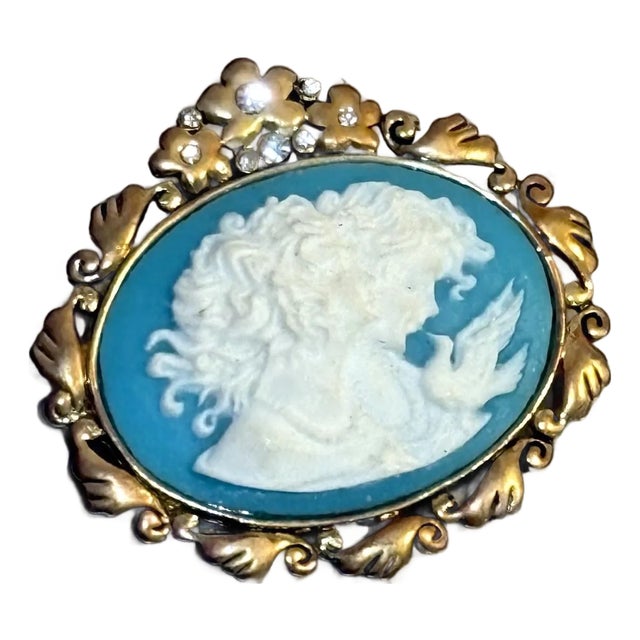 Gold Tone/Blue/White Cameo Brooch For Sale