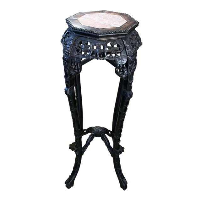 19th Century Chinese Rosewood Carved Tall Pedestal Stand Table Marble Top35.5" H For Sale In New York - Image 6 of 9