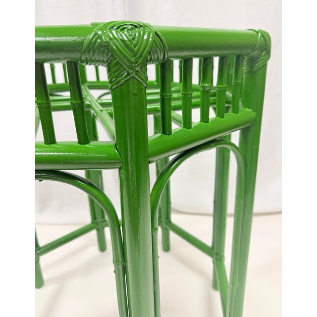 Vintage Brighton Pavilion Bamboo Green Octagonal Dining Table With Glass Top - Newly Painted For Sale - Image 11 of 12