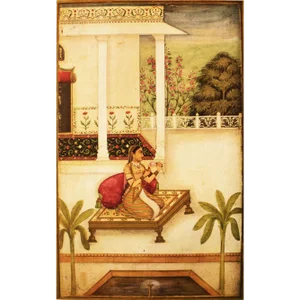 1950 Vintage Seated Princess, Original Gold-Leafed Parisian Lithograph