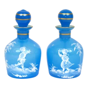Antique 1890s Mary Gregory Blue Glass Cruet Bottles Boy & Girl in Landscape - Set of 2