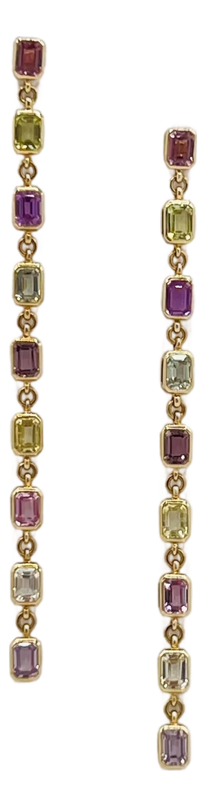 Multi-Color Sapphire Emerald Cut Dangle Earrings in 14k Yellow Gold- Set of 2