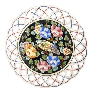 Porcelain Hand Painted Porcelain Wall Plate With Flowers & Bird, 1973, Signed For Sale