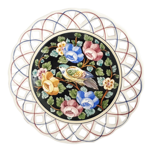 Porcelain Hand Painted Porcelain Wall Plate With Flowers & Bird, 1973, Signed
