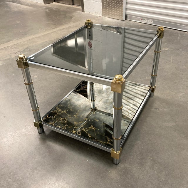 Mid 20th Century 1980s Mid-Century Modern Chrome & Brass Tiered Glass End Table For Sale - Image 5 of 13