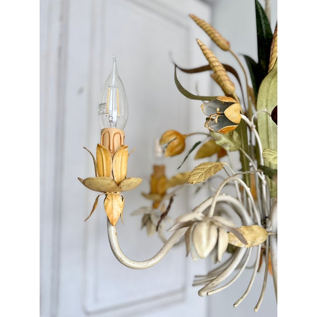 Hollywood Regency French Floral and Wheat Tole 6-Light Chandelier from Sofidis FlorArt, Late 20th Century For Sale - Image 3 of 18