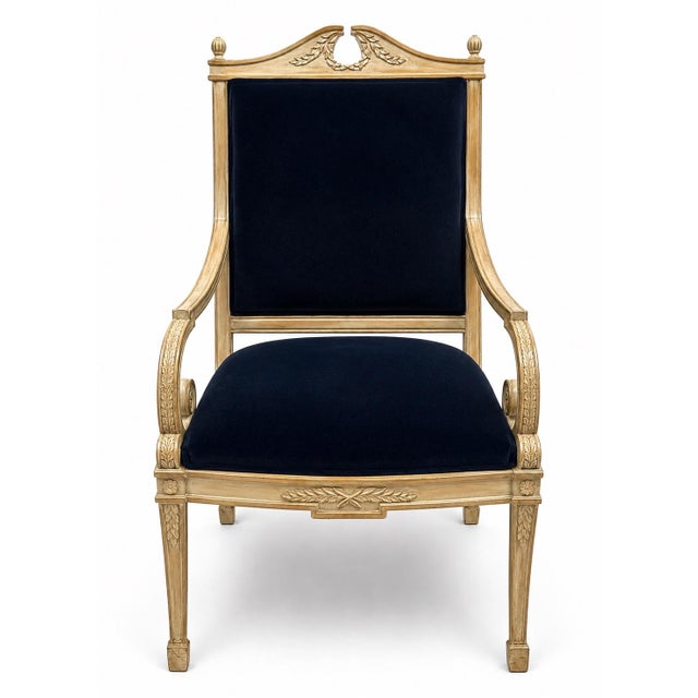 French Mid-Century French Neo- Classical Style Beech & Navy Velvet Bergere Chairs - Pair For Sale - Image 3 of 6