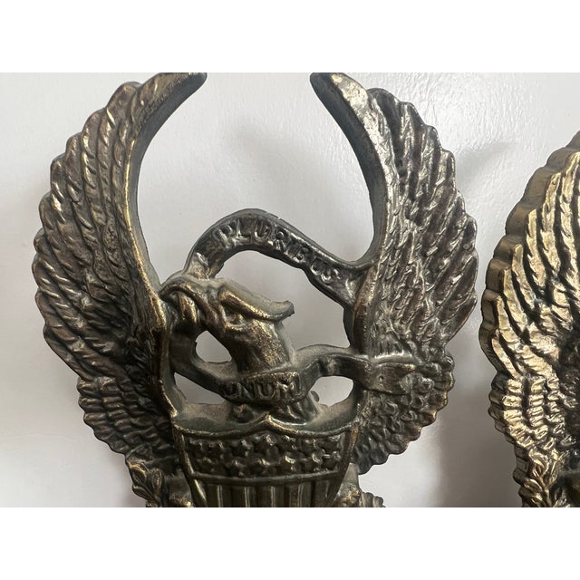 Vintage American Eagle Caste Metal Book Ends. Features an American Bald Eagle with wings spread wide with the banner “E...