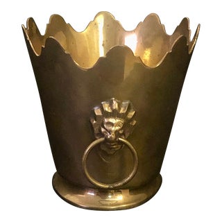 Scalloped Edge Brass Cachepot Planter With Lion Handles For Sale