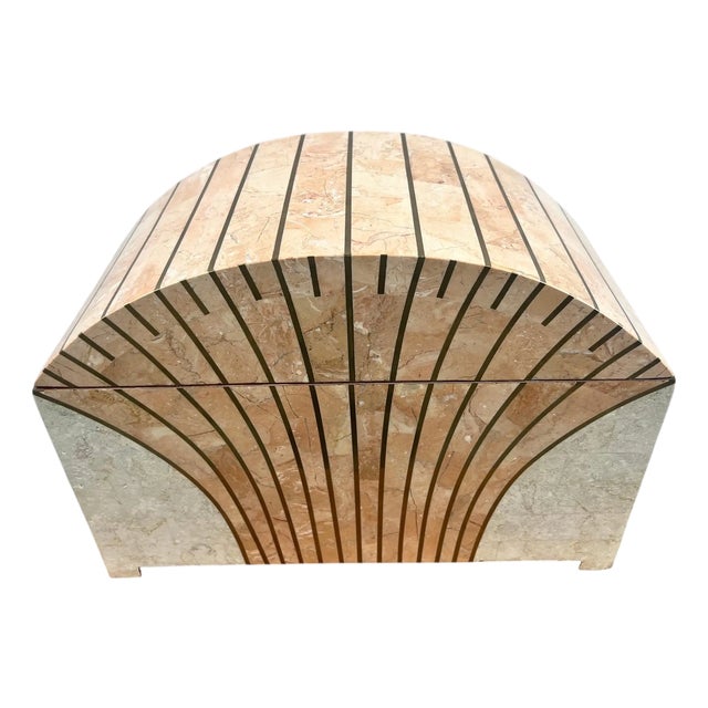 Art Deco Style Maitland-Smith Tessellated Pink Marble & Brass Chest, Jewelry Box For Sale