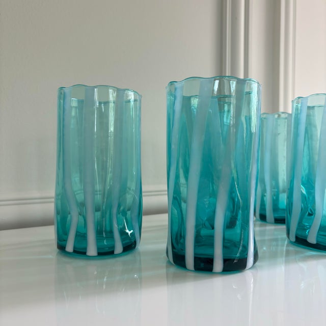 Riviera Blue Striped Italian Murano Glass Tumbler Glasses With Scalloped Rim Set of 6 For Sale - Image 4 of 10