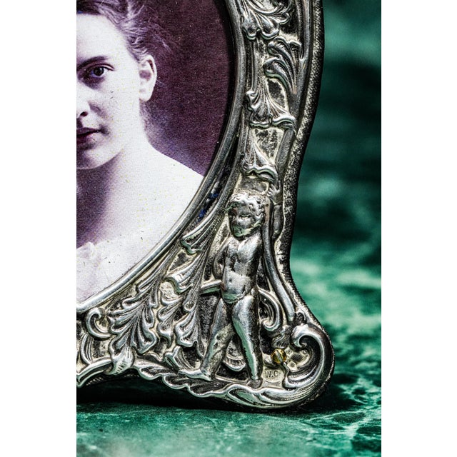 19th Century Lovely Small Ornate Cherub Heart Shape Antique Victorian Sterling Silver Picture Photo Frame Home Decor For Sale - Image 5 of 9