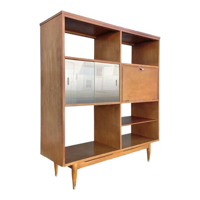Mid Century Two-Sided Bookcase Étagère and Room Divider With Glass Display Shelf For Sale