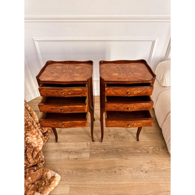 Wood Mid-Century French Louis XV Style Marquetry Nightstands, 1950s, Set of 2 For Sale - Image 7 of 18