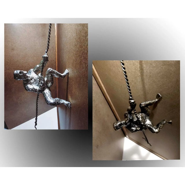 Contemporary Large Pair 43" Vintage Climbing Man Sculptures Global Views Handcrafted Cast Iron For Sale - Image 3 of 8