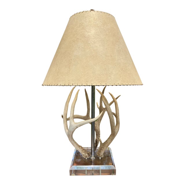 Mid-Century Antler Table Lamp With Hand-Woven Hide Shade + Acrylic Base For Sale