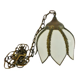 Vintage White Slag Glass & Brass Tulip Flower Pendant Hanging Light Chandelier For Sale