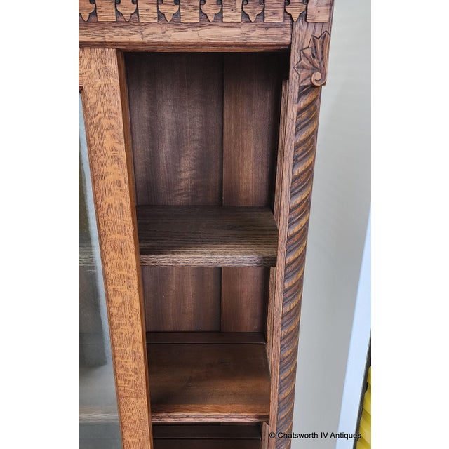 Antique Carved Quartered Oak Paine's Furniture Sliding Glass Door Bookcase C1890-1910 For Sale - Image 14 of 18