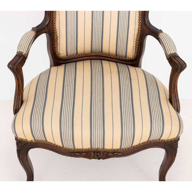 Blue Pair of Louis XV Style Walnut Striped Linen Upholstered Fauteuils For Sale - Image 8 of 9