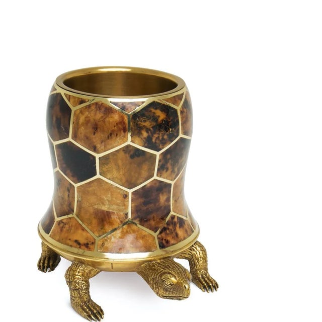 Polished Finished Brass Wine Holder with Tiger Penshell Inlay in a Turtle Motif