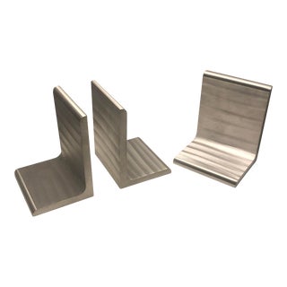 Vintage Brushed Steel Bookends- Set of 3 For Sale