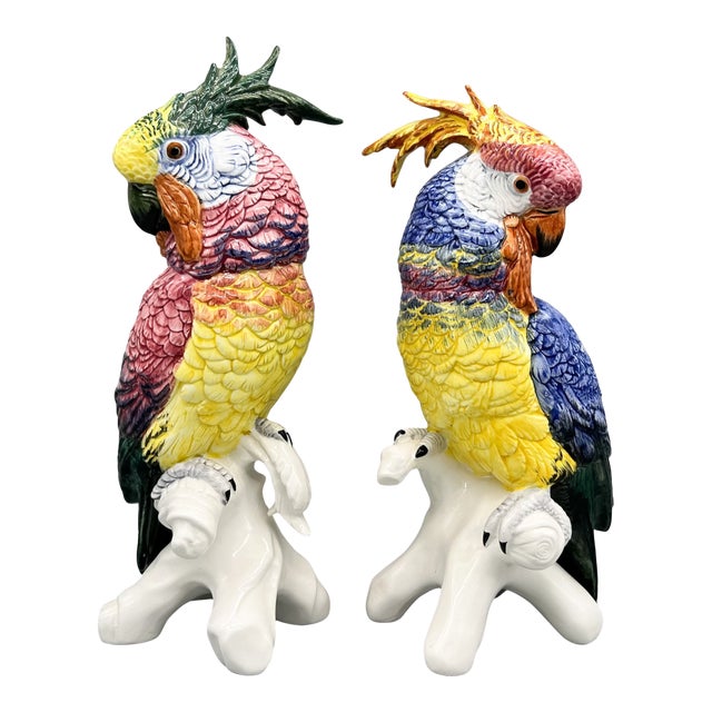 Pair of Italian Chelsea House Vintage Hand-Painted Ceramic Cockatoo Parrot Figures – Hollywood Regency / Tropical Revival For Sale