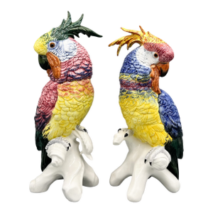 Pair of Italian Chelsea House Vintage Hand-Painted Ceramic Cockatoo Parrot Figures – Hollywood Regency / Tropical Revival