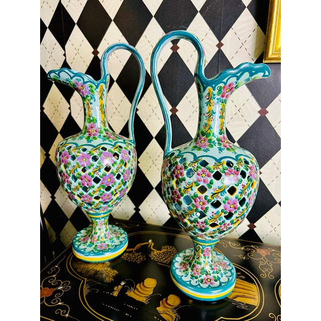 Pair Signed J. Leonardo Portuguese Hand-Painted Reticulated Ceramic Ewers, 15" For Sale - Image 15 of 17