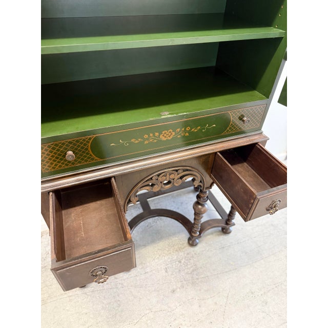 Wood Vintage Alexander Bros. Green Asian Lacquered Bar Cabinet/Cupboard on Barley Twist Stand For Sale - Image 7 of 12