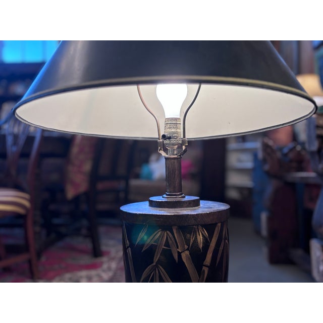 Asian Antique Black Lacquer and Gold Bamboo Motif Table Lamp For Sale - Image 3 of 8